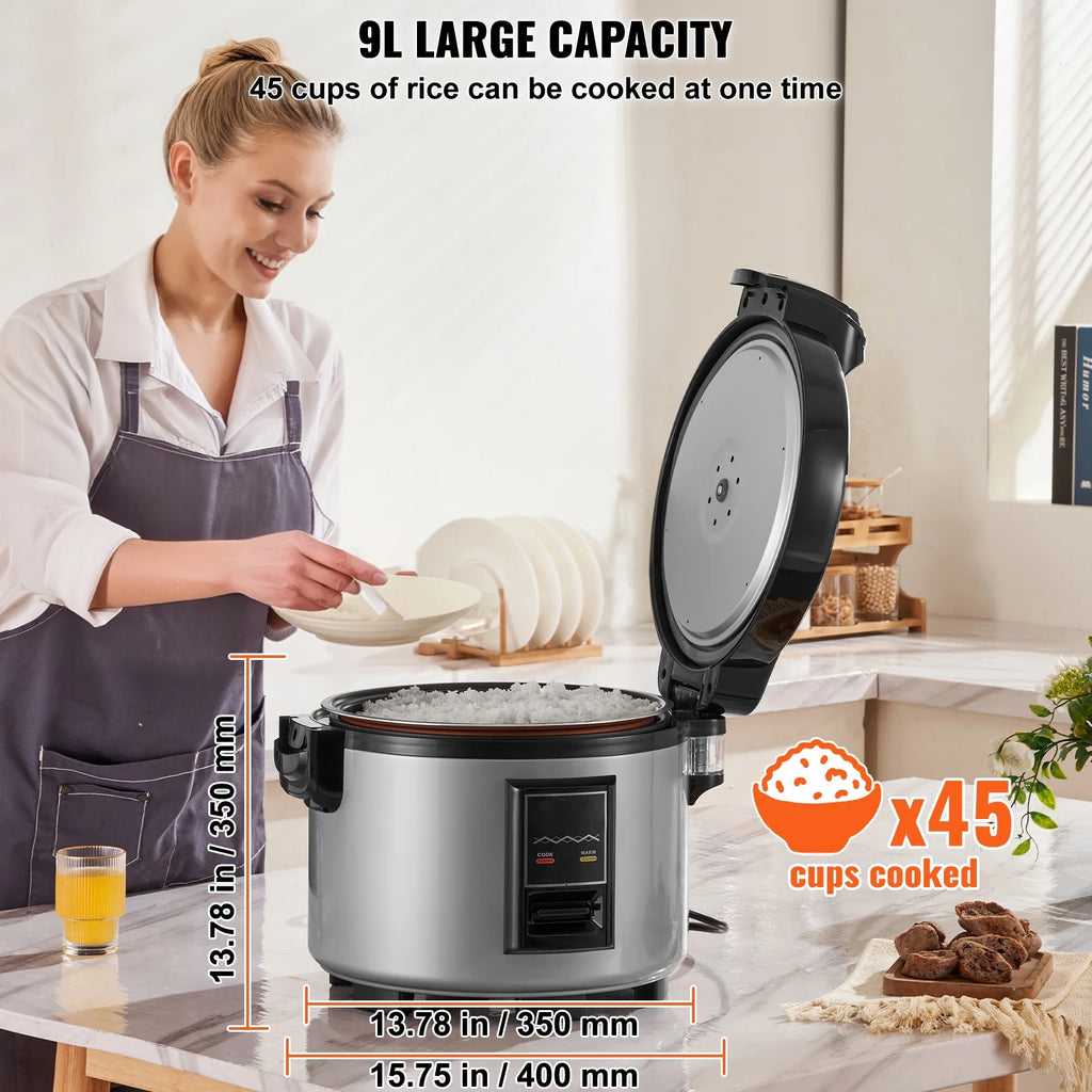 KFFKFF Industrial Rice Steamer, 45-Cup Capacity, 9.51 Qt / 9 Liter Voluminous Rice Maker and Heater with Nonstick Cooking Chamber, Swift Preparation and 12-Hour Heat Retention