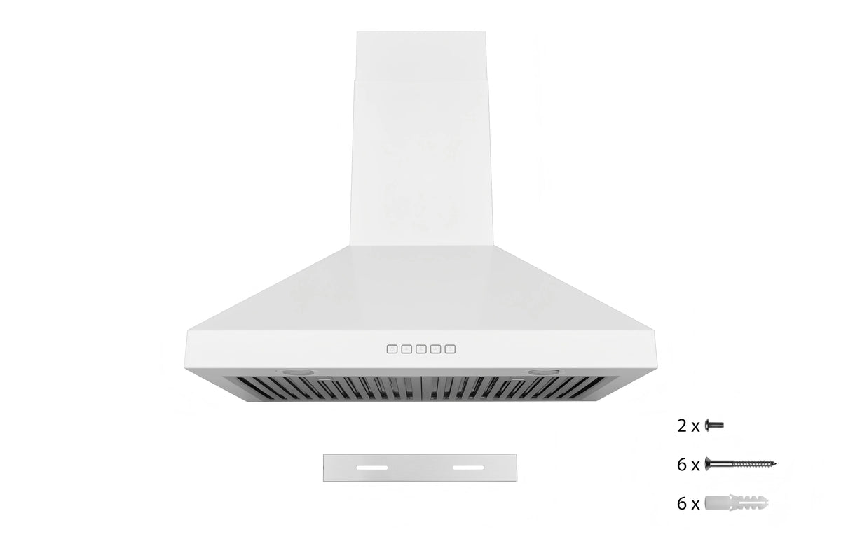 Hauslane WM-530  30-inch Wall Mount Range Hood, Matte White, Strong Suction, Stainless Steel Baffle Filters, LED Lamps