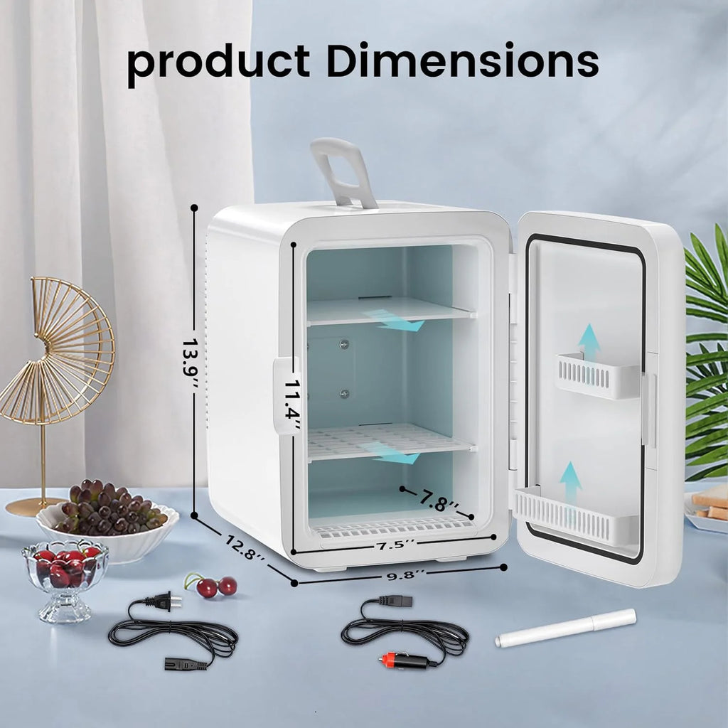 Compact  Fridge, 15 Can Portable Small Refrigerator with  Adapters, 10 Liter White Cosmetics Cooler for Beverage, Food, Skincare