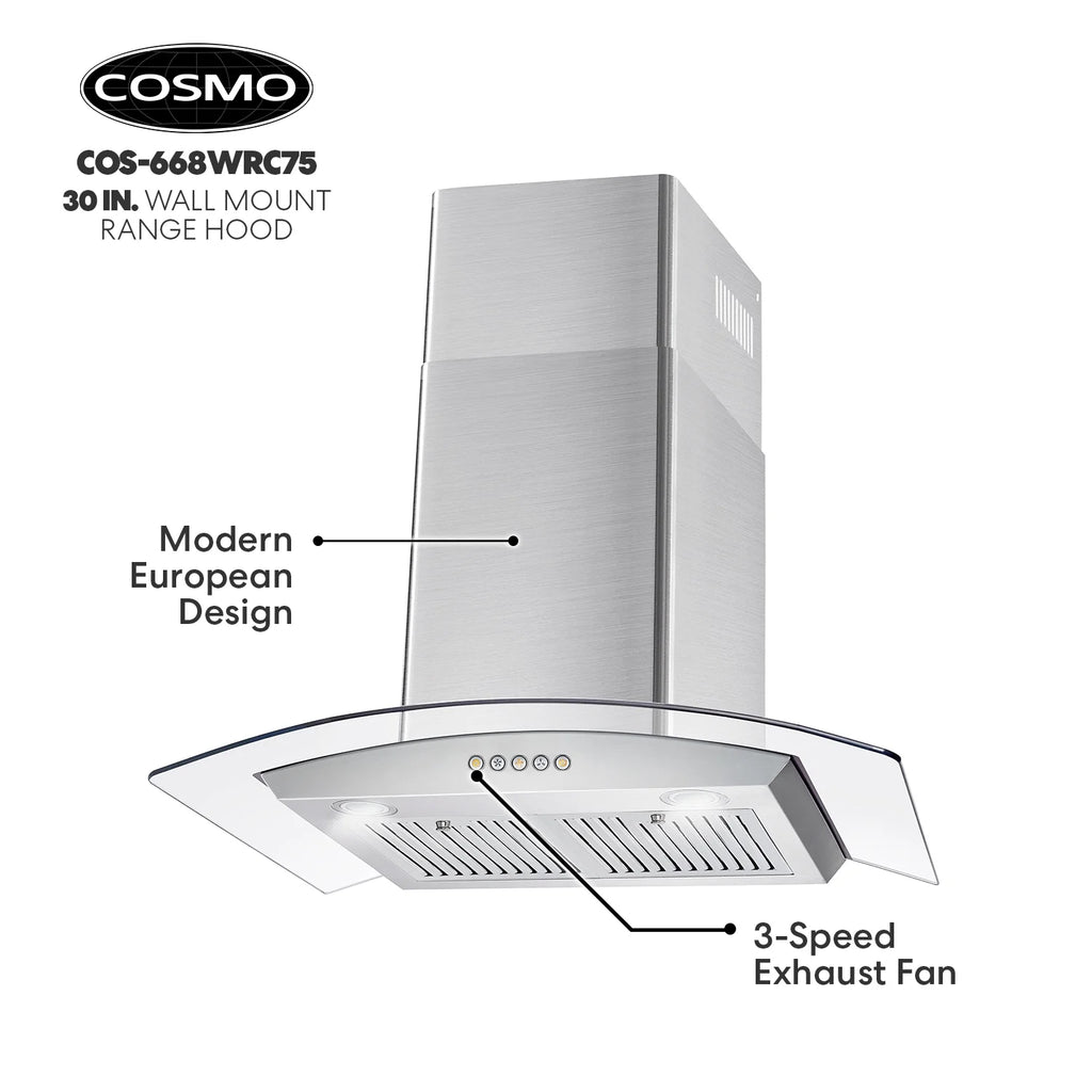 30 in. Vista Collection Ductless Wall Mount Range Hood, Button Controls, LED Lights, Stainless Steel