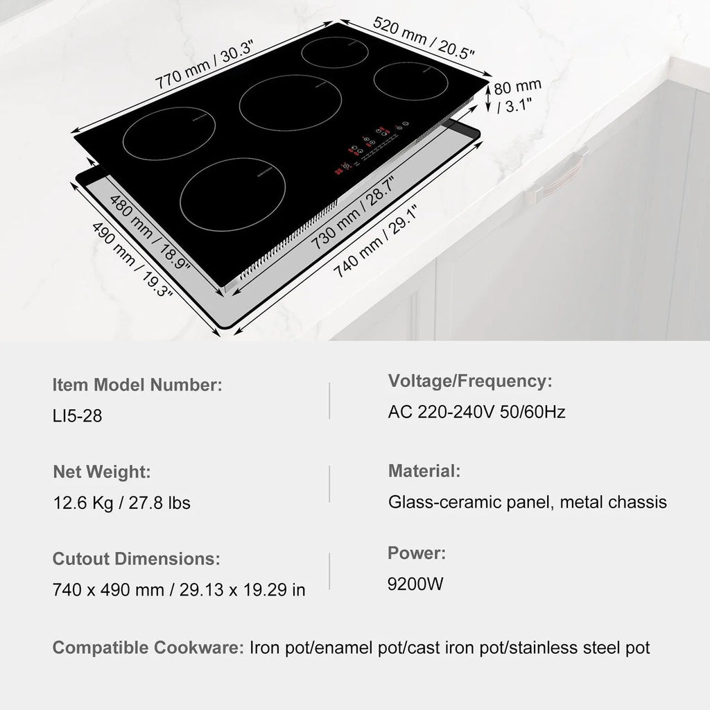 Choco Moon Induction Cooktop 5 Burners, 30'' Stove Top, Built-in Magnetic 9200W, 9 Heat Levels, LED Touch Screen, Child Lock, Over-Temp Protection, Easy Cooking