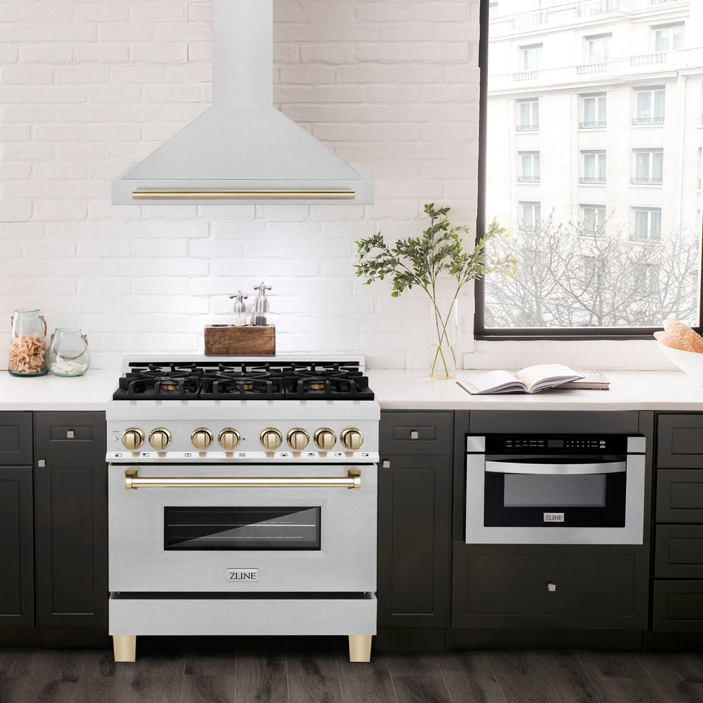 ZLINE 36 ZLINE Autograph Edition DuraSnow Stainless Steel Range Hood with DuraSnow and Gold Handle (KB4SNZ-36-G)