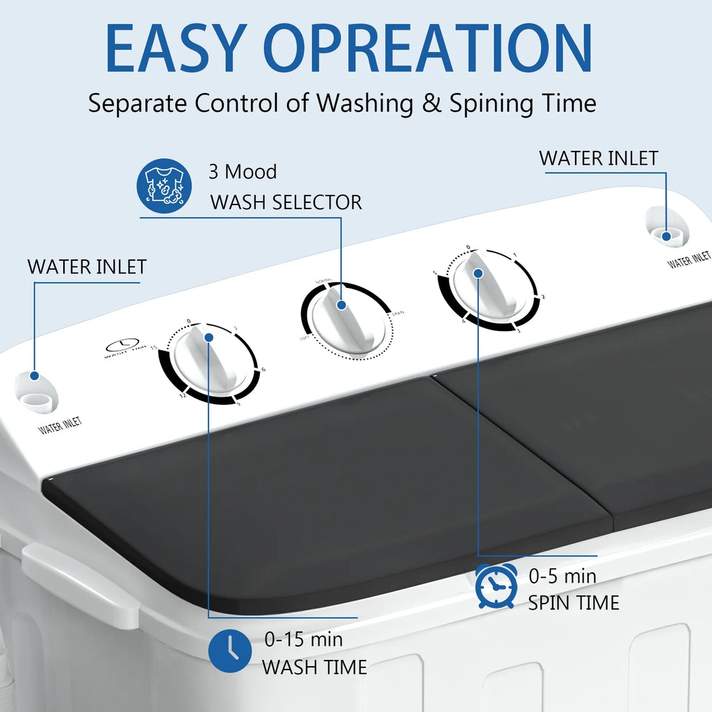 Dimedeal Portable 18lbs Twin Tub Mini Washing Machine, 11lbs Washer & 7lbs Spinner with Drying Rack & Hangers