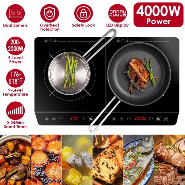 Dual Burner Induction Cooktop, 9 Power/Temperature Levels with Smart Timer, Safety Lock for Simmer/Fry/Boil