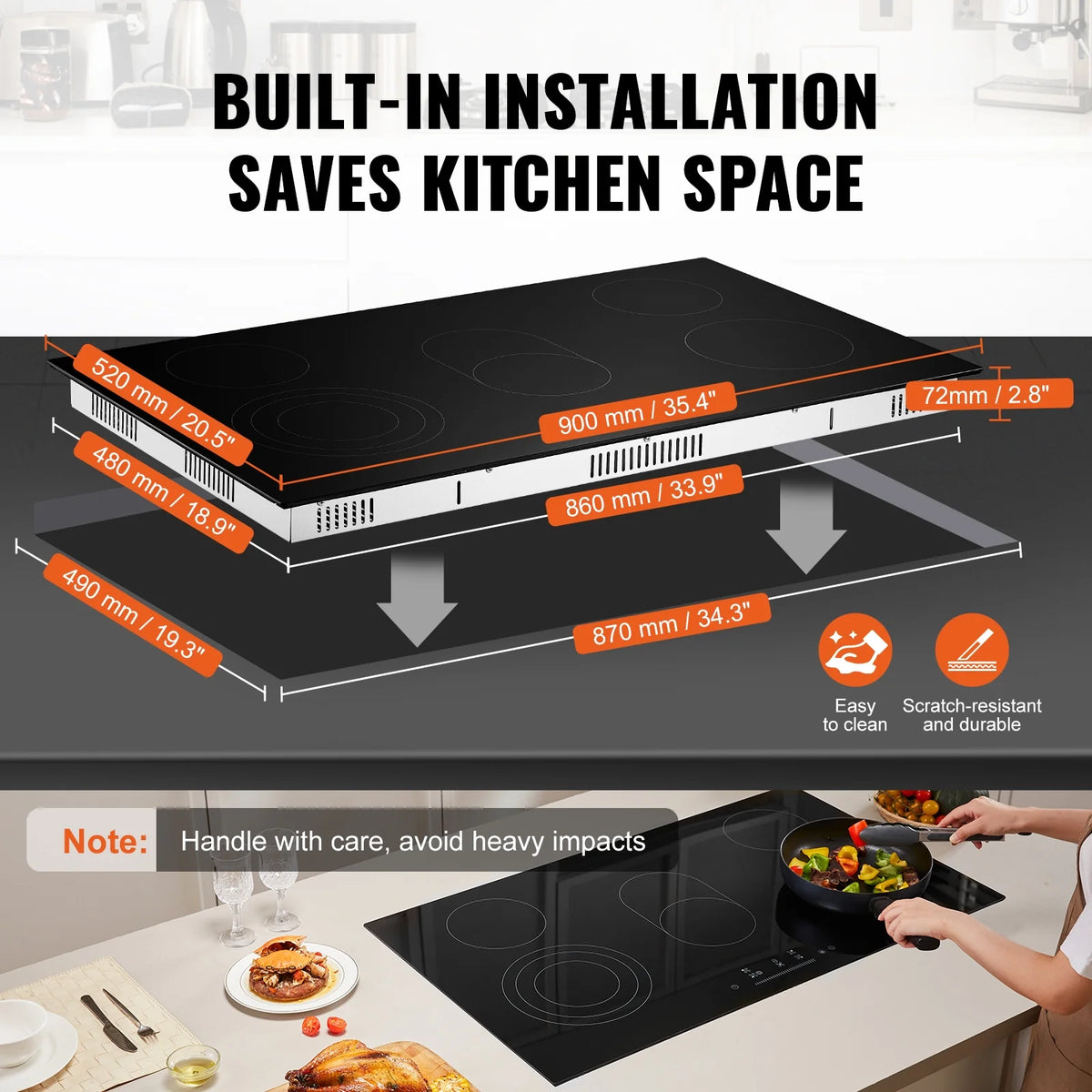 KFFKFF 5 Burner Electric Ceramic Cooktop, Built-in Countertop Burners, 36" Electric Range, 8600W, with Touch Control, Timer, Safety Lock, 9 Power Levels, 220-240V, Direct Wiring Required