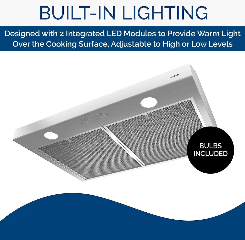 Broan-NuTone BKSH130BL Sahale 30-inch Under-Cabinet Easy Install 4-Way Convertible Range Hood with 2-Speed Exhaust Fan and Light, 300 Max Blower CFM, Black