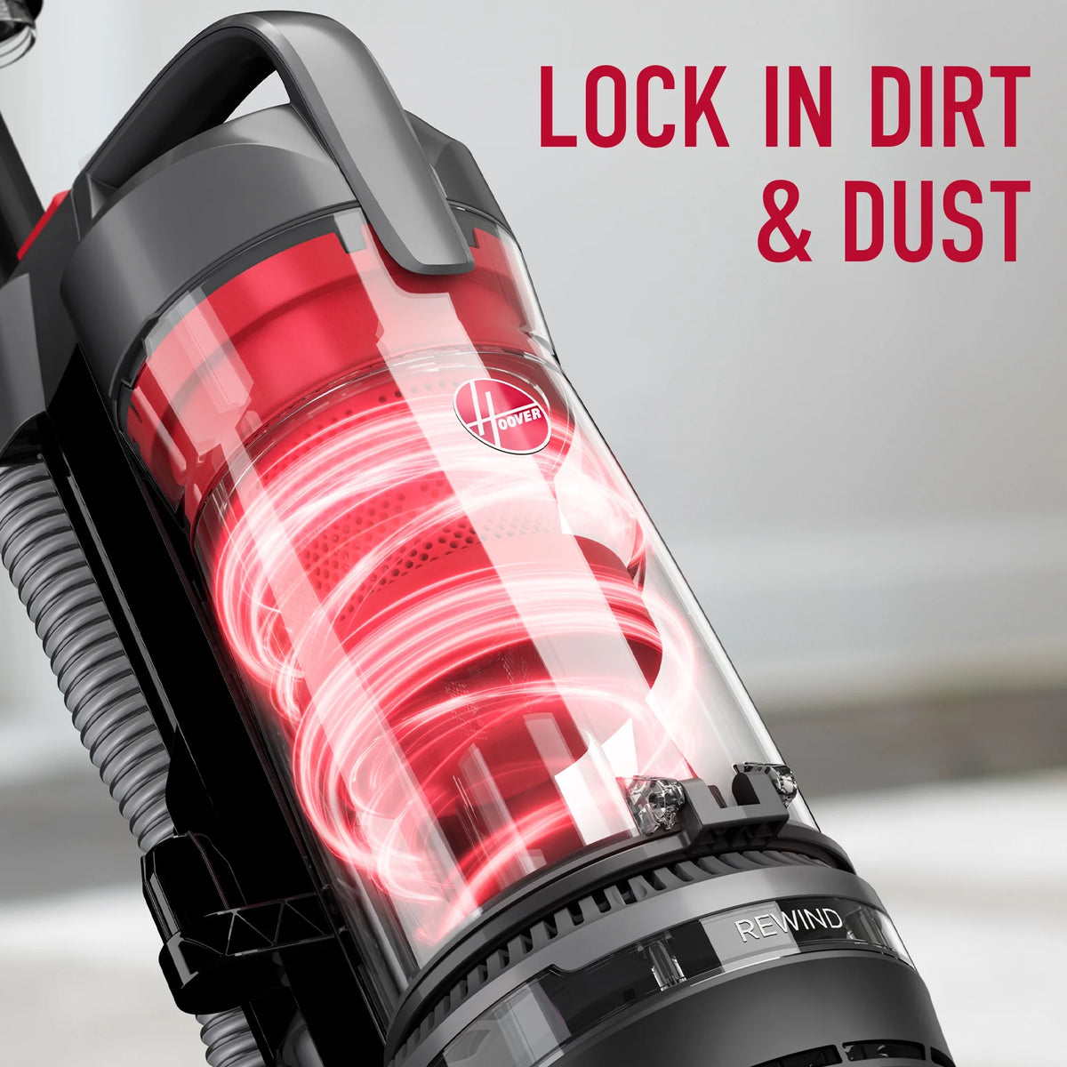 Hoover Rewind Pet Bagless Upright Vacuum Cleaner, Pet Friendly, Automatic Cord Rewind, Multi-Surface and Above Floor Cleaning, UH77410V, Gray & Red