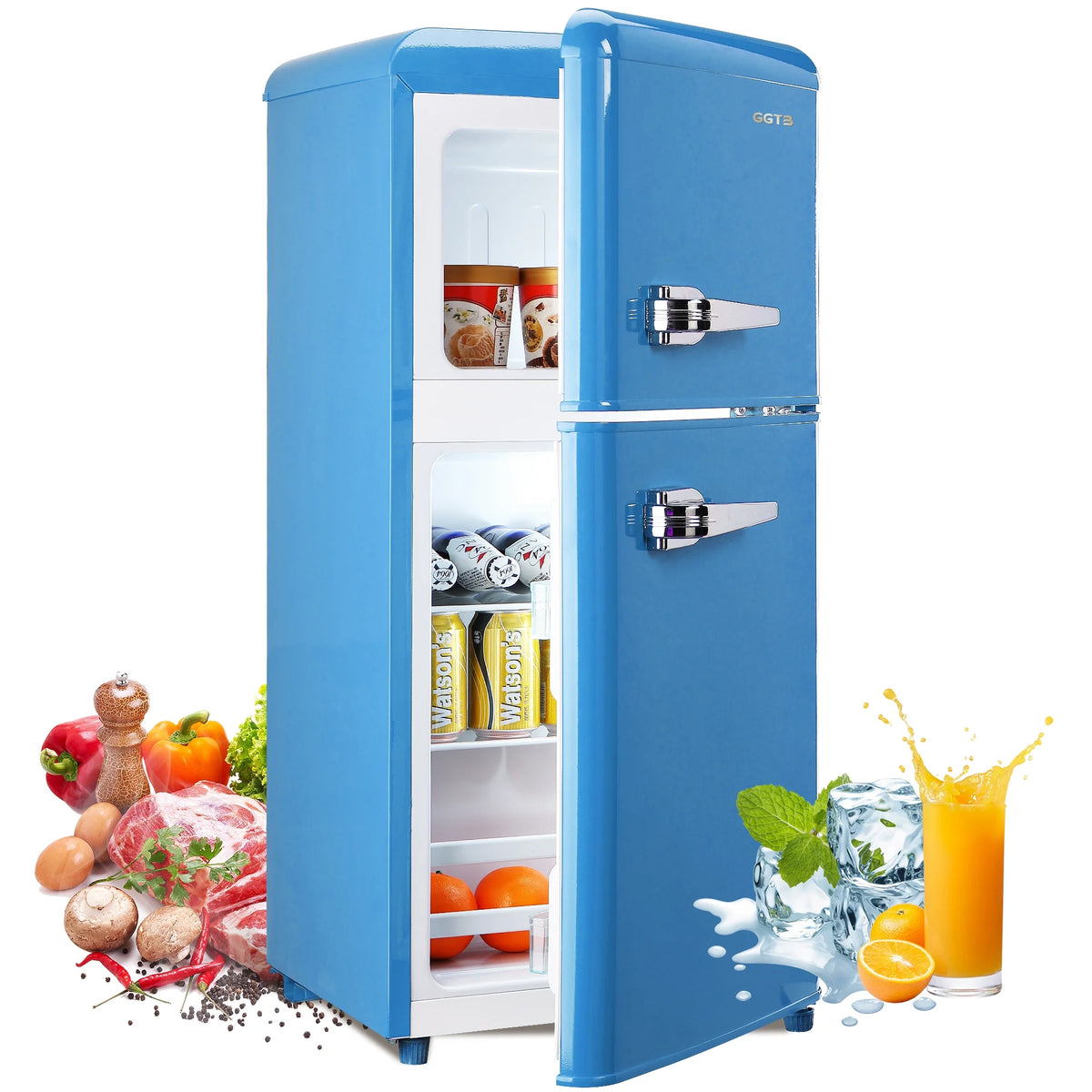 GGTB 3.0 Cu.Ft Two Door Small Refrigerator with Freezer, Compact Retro Small Refrigerator for Dorm, Office, Bar, RV, Bedroom, Blue