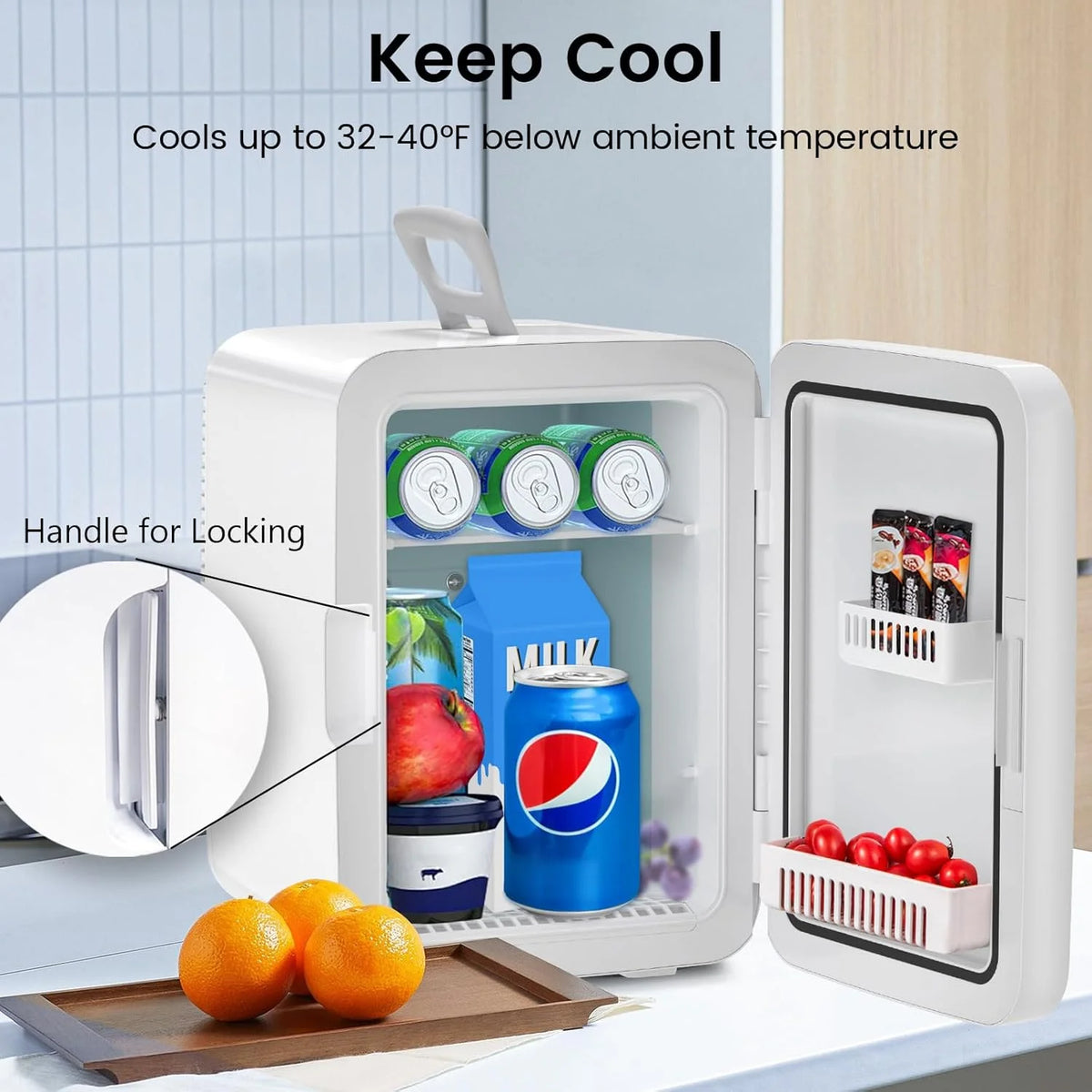 Compact  Fridge, 15 Can Portable Small Refrigerator with  Adapters, 10 Liter White Cosmetics Cooler for Beverage, Food, Skincare