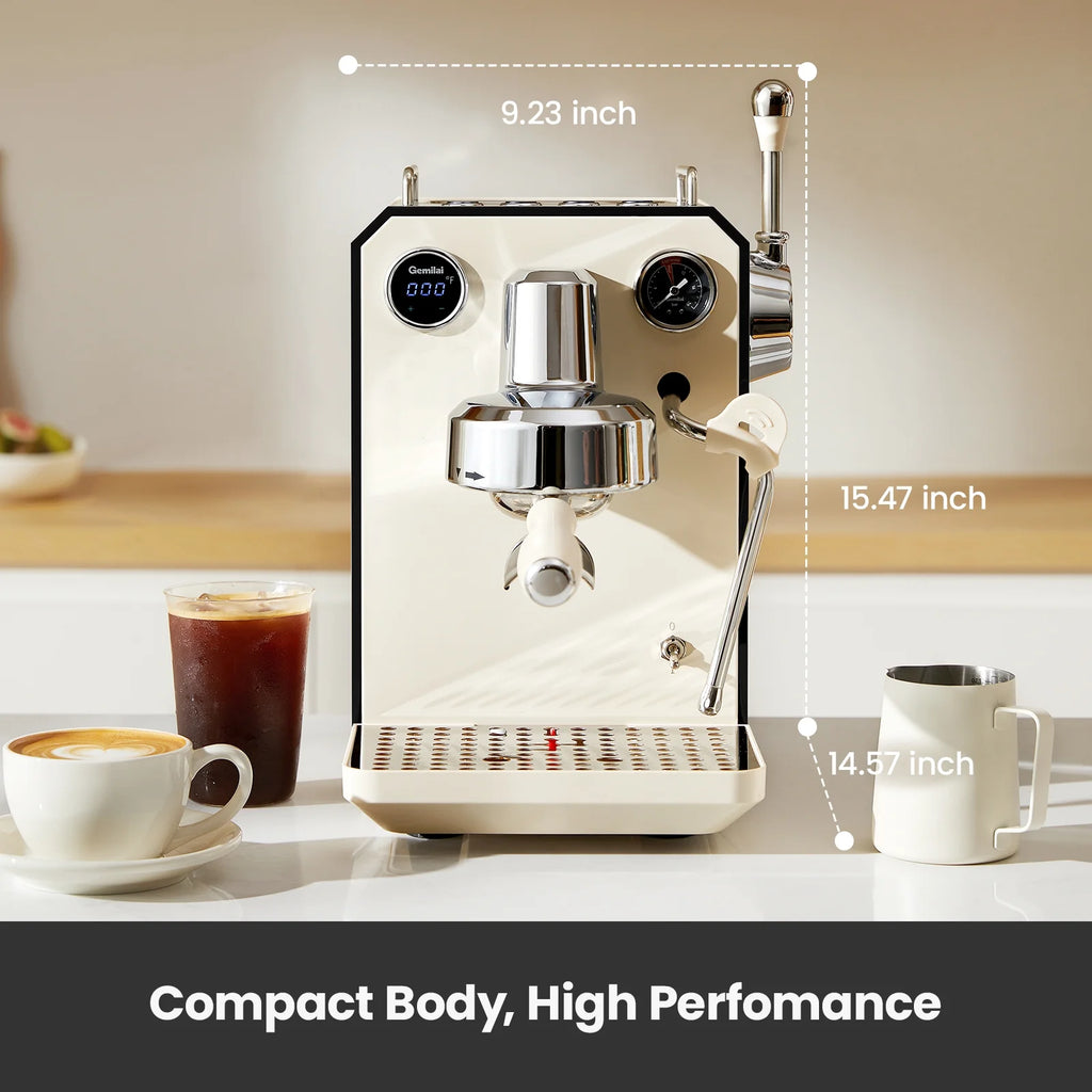 Gemilai G3006 Owl 15-Bar Semi-Auto Espresso Machine, Dual Display, Milk Frother, 57oz Tank, Stainless Steel Coffee Maker