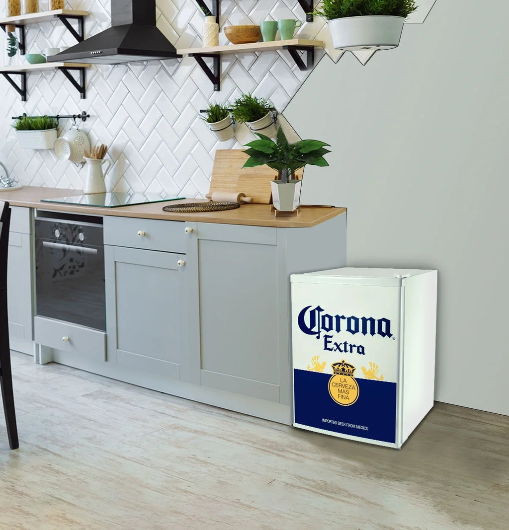 Corona Mini Beer Fridge with Freezer, 2.4 Cu. Ft, 70L Capacity White & Blue Compact Beverage Cooler