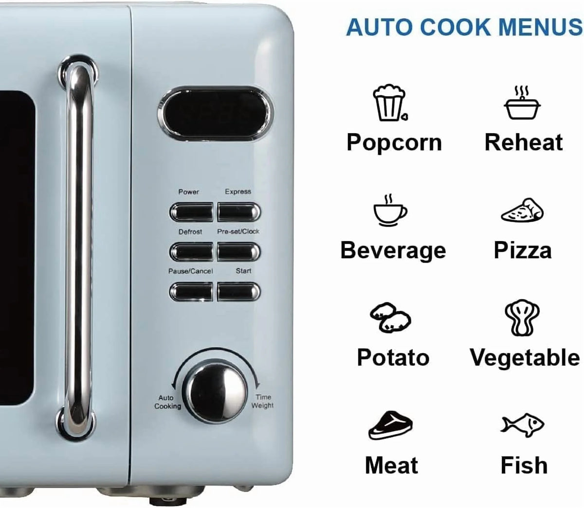 Countertop Microwave Oven with Push Button Control, LED Display, 700W 5 Power Levels, 8 Auto Menus, Glass Turntable and Child Safety Lock, 0.7-inch��Thunderbird Blue