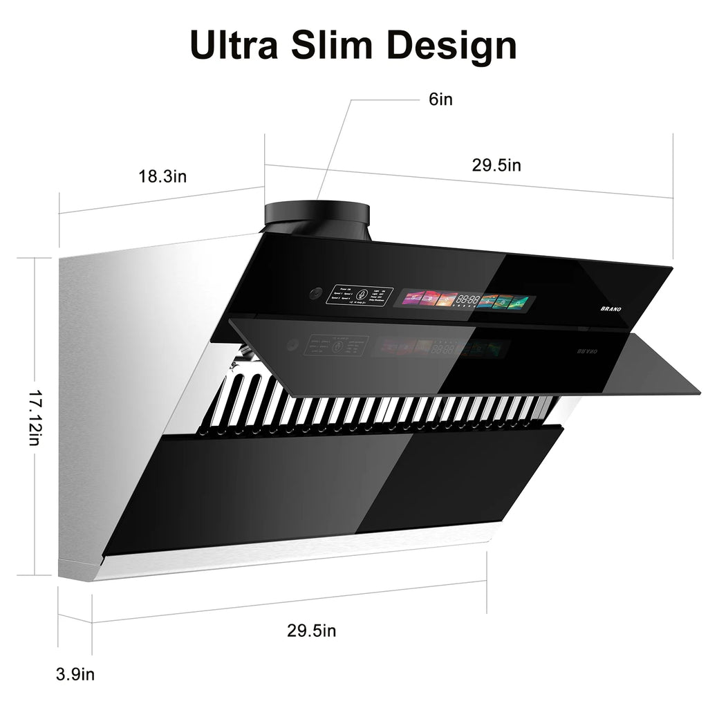 BRANO 30 inch Range Hood Stainless Steel Kitchen Hood, 900CFM, Voice/Gesture Sensing, Touch Control, Side-Draft Design