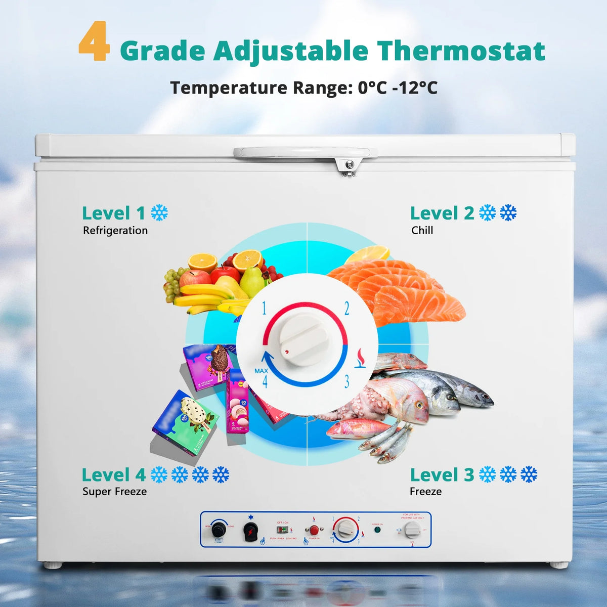 7 Cu ft Propane Chest Freezer LPG/110V 2 Way Freezer with Lock and Top Open Door Outdoor Camping