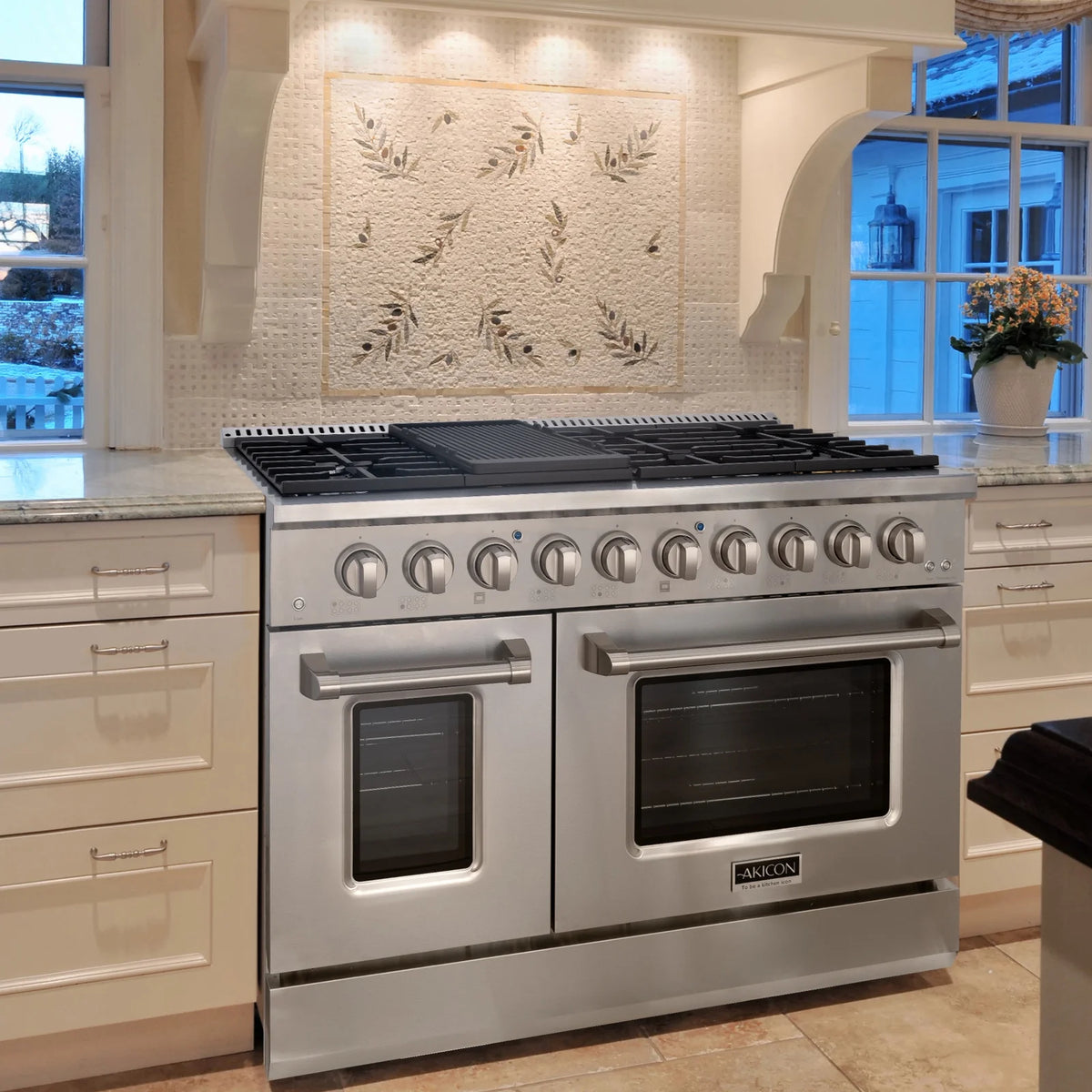 Akicon 48" Slide-in Freestanding Professional Style Gas Range with 6.7 Cu. Ft. Oven, 8 Burners, Convection Fan, Cast Iron Grates, & Blue Porcelain Oven Interior, In Stainless Steel