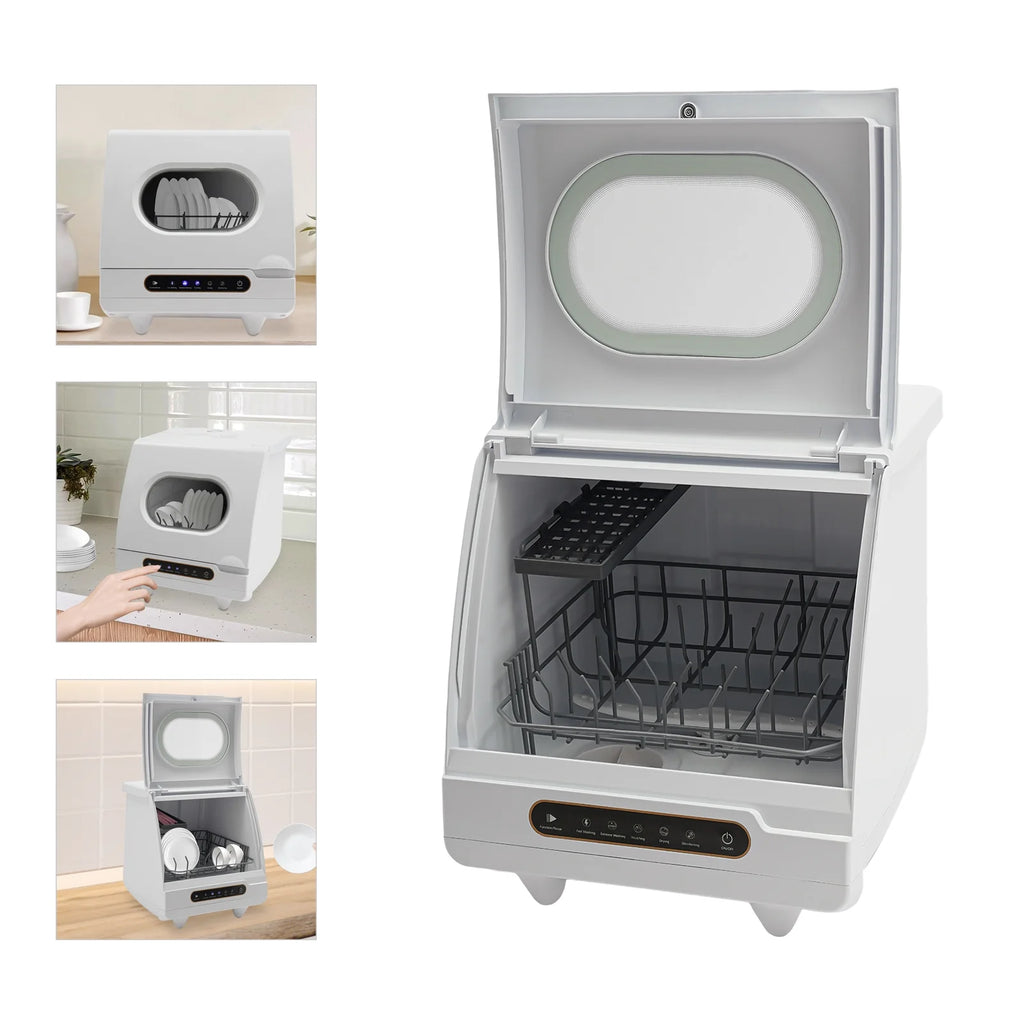 Flip-top Dishwasher White 5 intelligent washing functions Portable Countertop Dishwasher Compact  Low Noise Mini Dishwasher with Water Tank Leak-Proof Dry