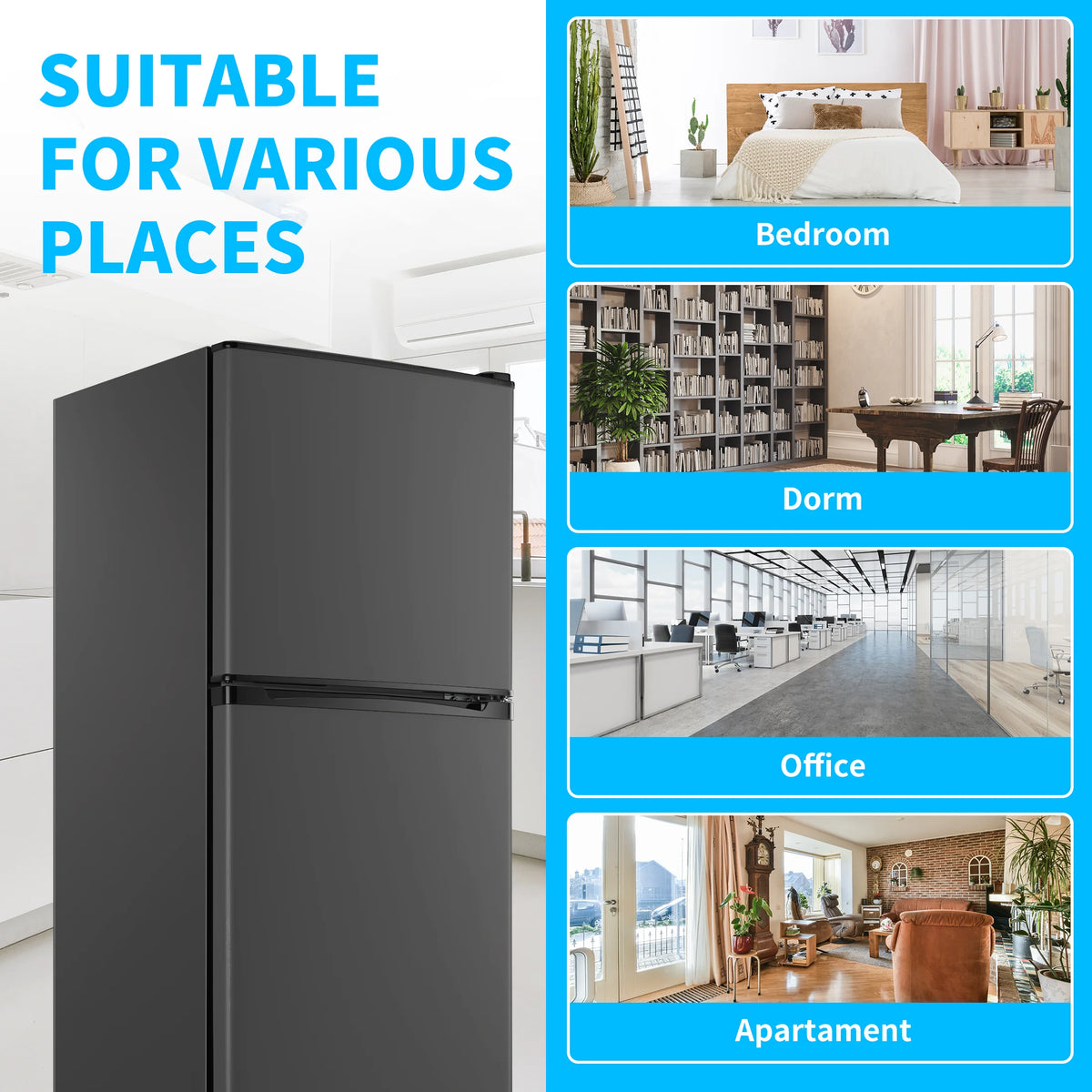 2 Door Mini Fridge with Freezer,4.5 Cu.ft.,7 Adjustable Thermostat & 4 Removable Glass Shelves,for Kitchen Dorm Apt,Grey