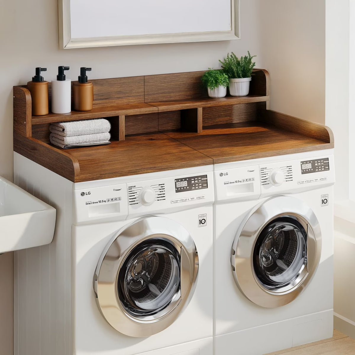 Wood 2-Tier Washer Dryer Countertop with Edge Rails, 54" W x 27.5" D Washer and Dryer Topper for Laundry Room Organization and Storage, Walnut