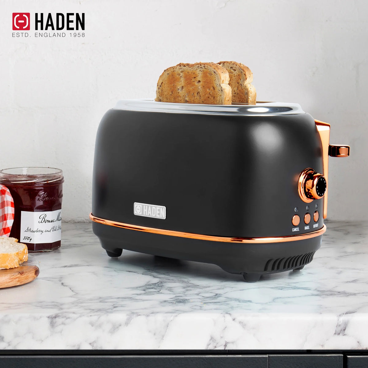 Haden Heritage 2 Slice Wide Slot Toaster & Coffee Maker, Black & Copper