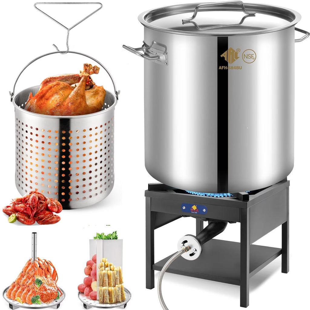 64QT Stainless Steel Pot with 200,000BTU Propane Fryer, Seafood Boil Pot, Crab Boil Pot, Lobster Pot, Shrimp Boil Pot, Tamale Steamer Pot with Basket and Turkey Fryer Burner