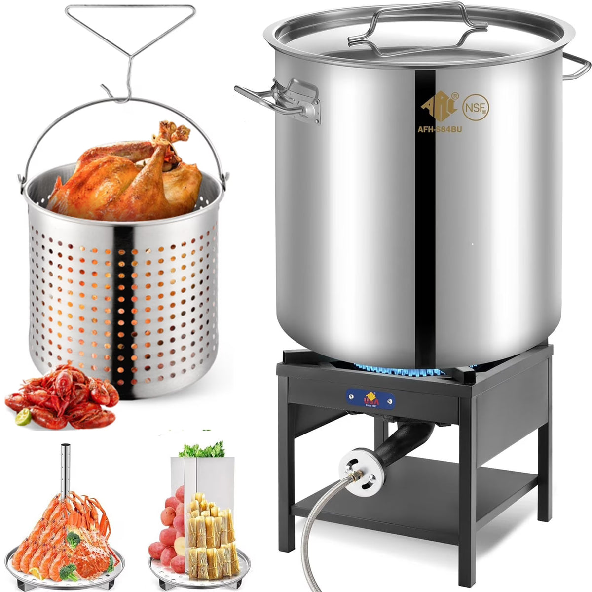 64QT Stainless Steel Pot with 200,000BTU Propane Fryer, Seafood Boil Pot, Crab Boil Pot, Lobster Pot, Shrimp Boil Pot, Tamale Steamer Pot with Basket and Turkey Fryer Burner