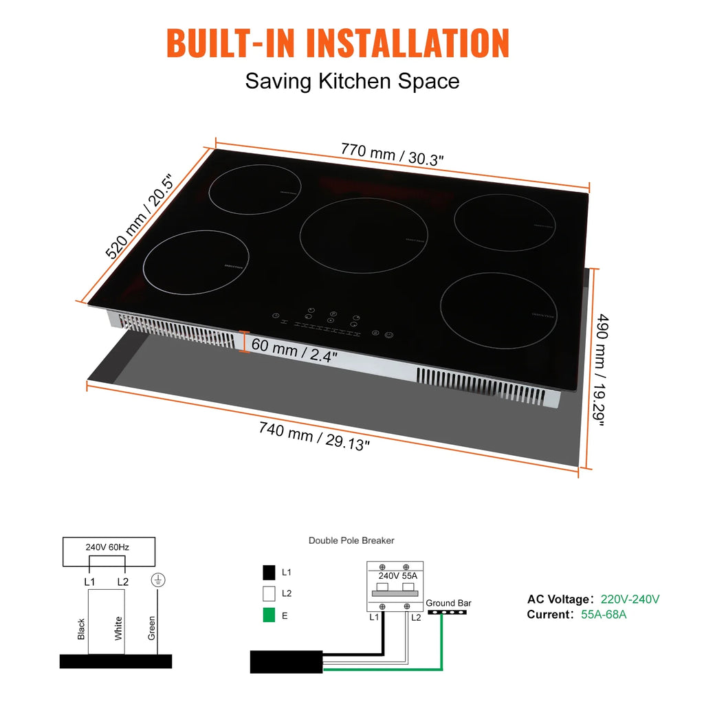 KFFKFF Induction Cooktop, 5 Heating Elements, 30'' Electric Stove, Integrated Magnetic Cooktop 9200W, 9 Heat Settings, LED Touch Display with Child Safety Lock & Overheat Protection