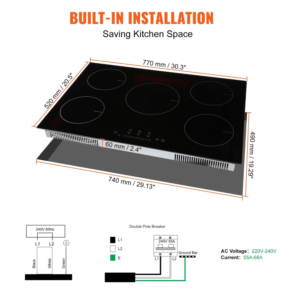 KFFKFF Induction Cooktop, 5 Heating Elements, 30'' Electric Stove, Integrated Magnetic Cooktop 9200W, 9 Heat Settings, LED Touch Display with Child Safety Lock & Overheat Protection