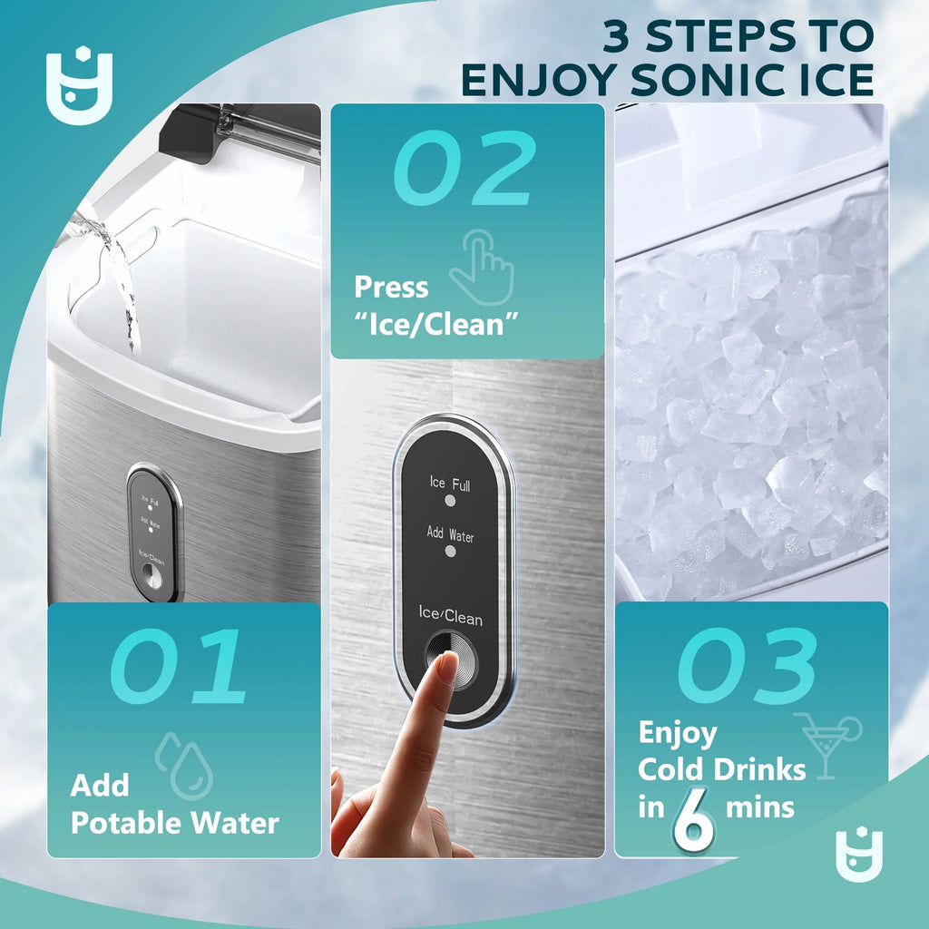 EUHOMY Nugget Ice Maker Countertop with Handle, Ready in 6 Mins, 34.5 lbs Per Day, Removable Top Cover, Auto-Cleaning, Black