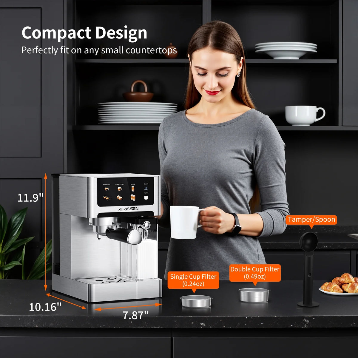 AIRMSEN Espresso Machine with Color Touchscreen, 20 Bar Cappuccino Latte Machines with Automatic Milk Frother, Dual Boiler Stainless Steel Espresso Maker for Home, 1350W