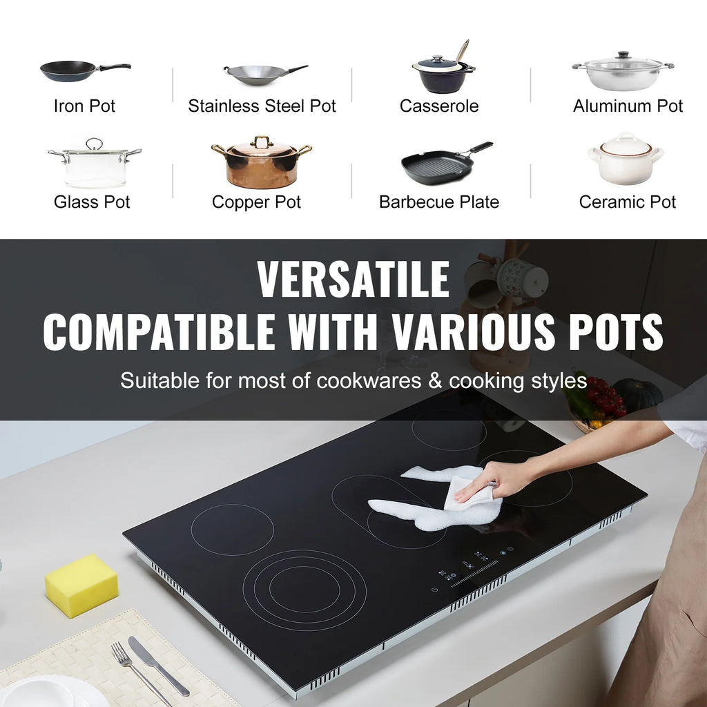 KFFKFF 5 Burner Electric Ceramic Cooktop, Built-in Countertop Burners, 36" Electric Range, 8600W, with Touch Control, Timer, Safety Lock, 9 Power Levels, 220-240V, Direct Wiring Required