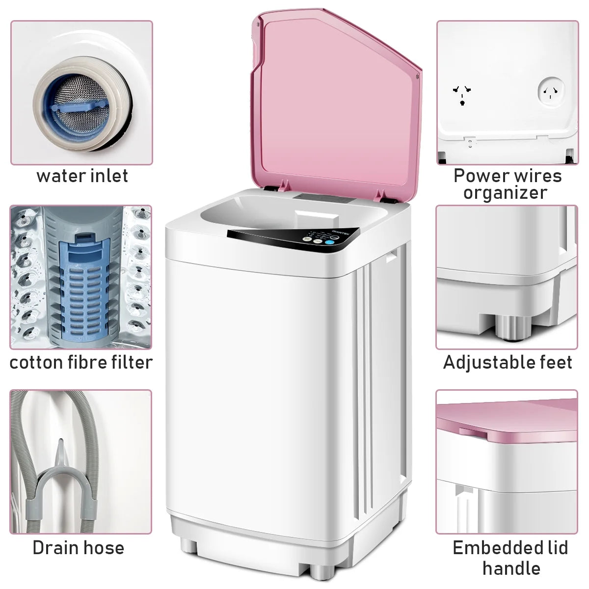 Full-Automatic Washing Machine 7.7 lbs Washer/Spinner Germicidal UV Light Pink