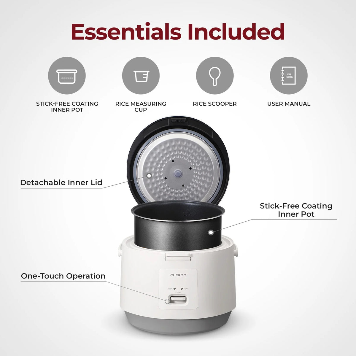 Cuckoo Rice Cooker 20 Cups Cooked Warmer with Nonstick Pot Easy Switch Start White (CR-1095)