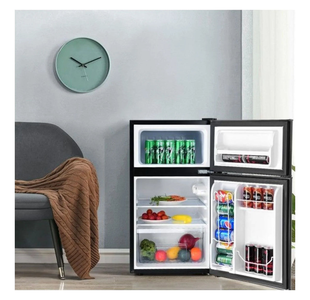 3.2 cu ft Compact Refrigerator - Stainless Steel Mini Fridge with Freezer, Adjustable Thermostat, and Can Dispenser - Ideal for Dorms, Apartments, Wet Bars