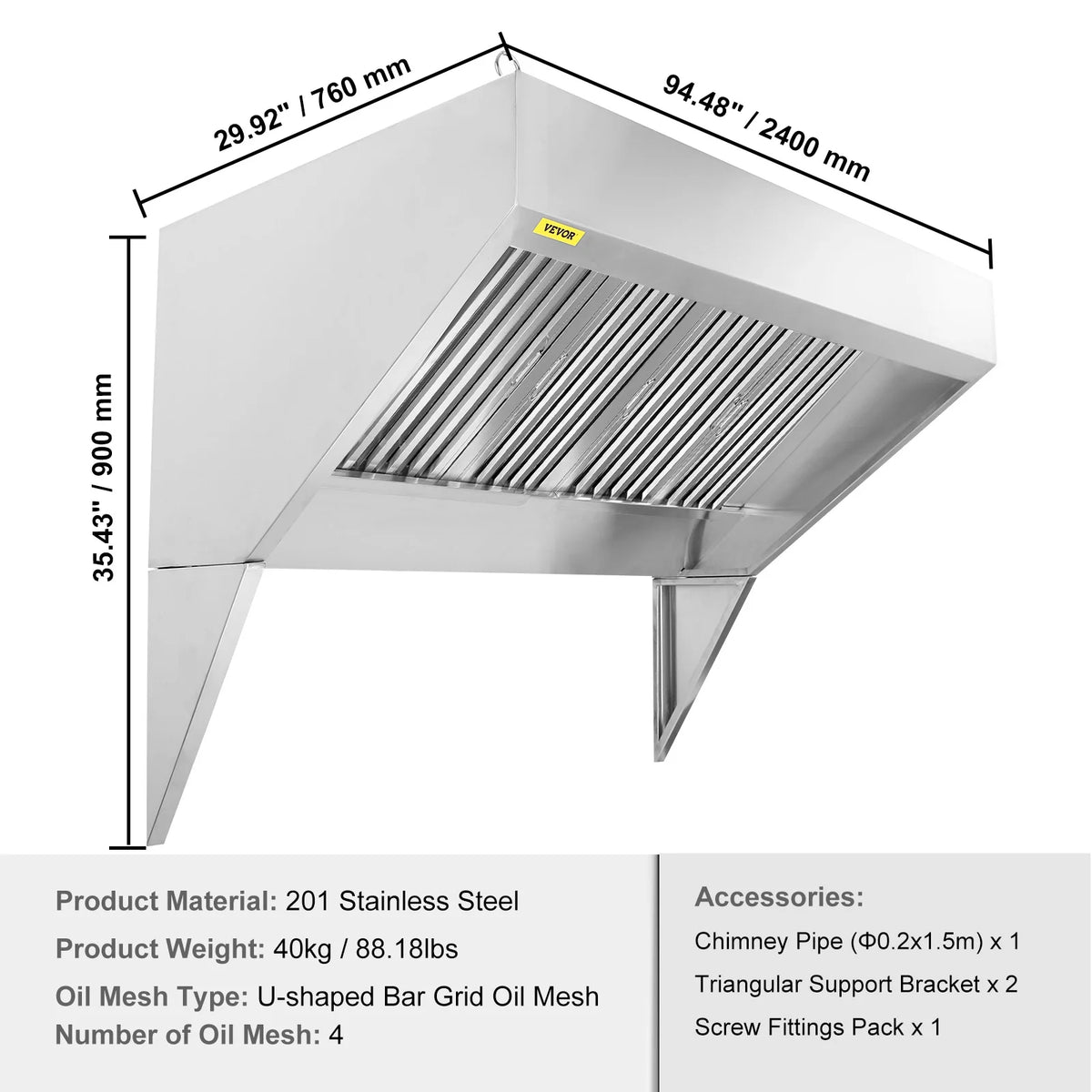 BENTISM Commercial Exhaust Hood 8ft Food Truck Hood Exhaust 201 Stainless Steel