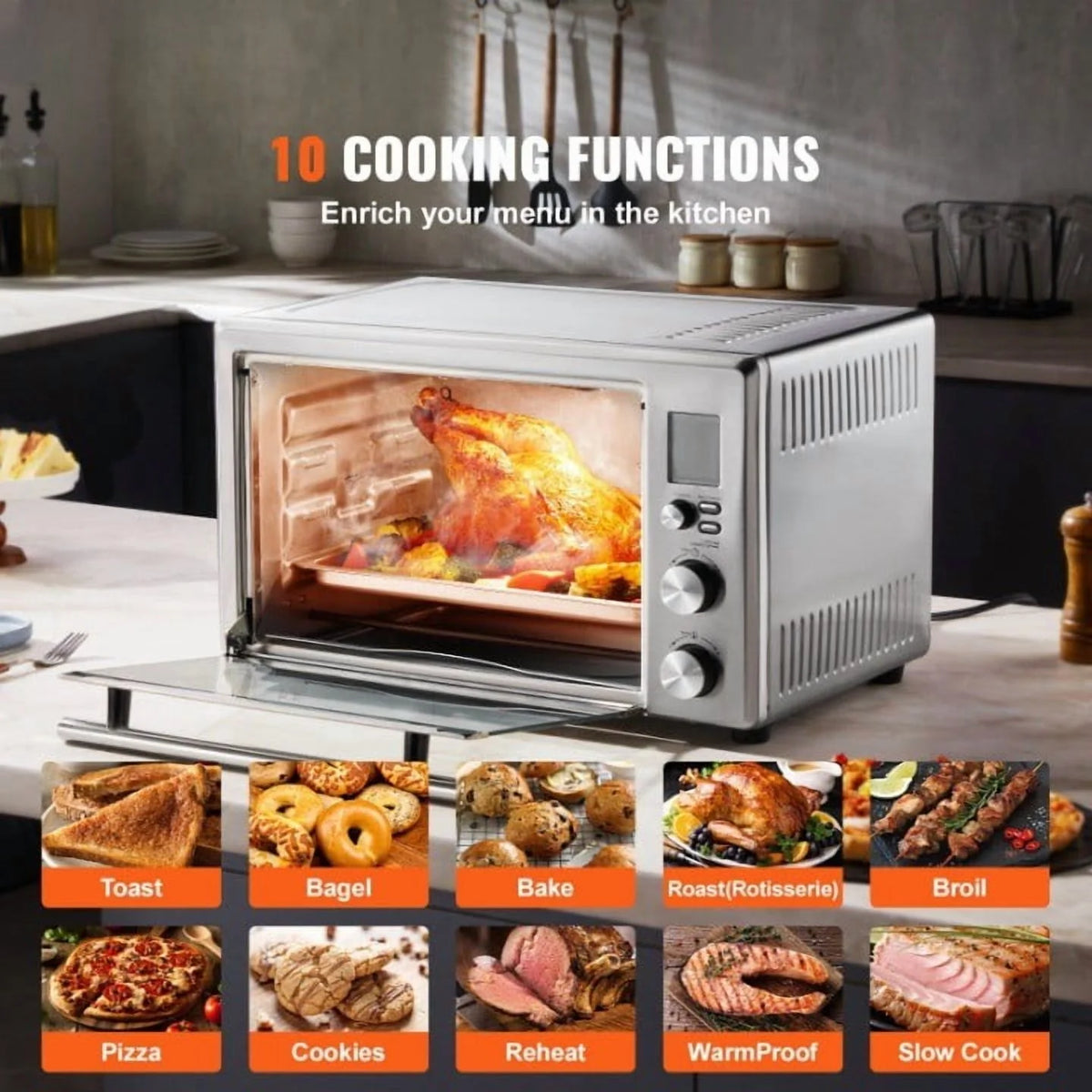 10-in-1 Countertop Convection Oven, 28L Toaster Oven with Air Fryer, 1800W Bake Rotisserie & Toast, Includes Pan & Rack