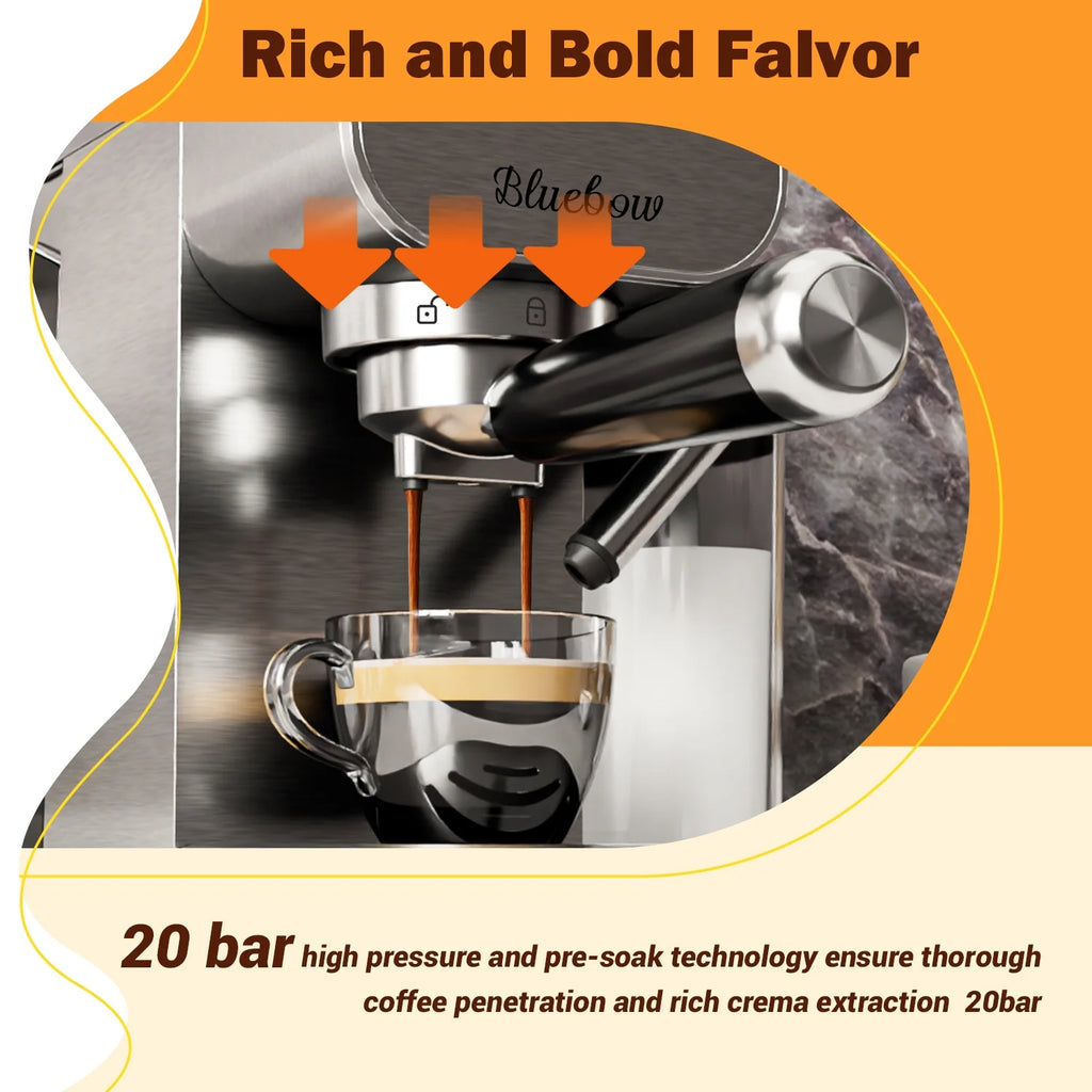 Bluebow Espresso Coffee Machine, 20 Bar Cappuccino & Latte Maker with Auto Milk Frother, Compact Design with Cup Warmer,Stainless Steel