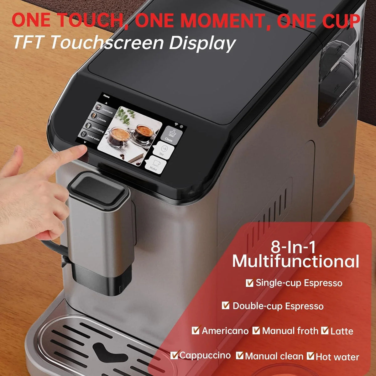 Full Automatic Espresso Machine with Built-In Grinder & Milk Frother - FTF Touchscreen Coffee Maker for Latte/Cappuccino, 20 Bar Pressur & 1.5L Water Tank, 1350W, Grey