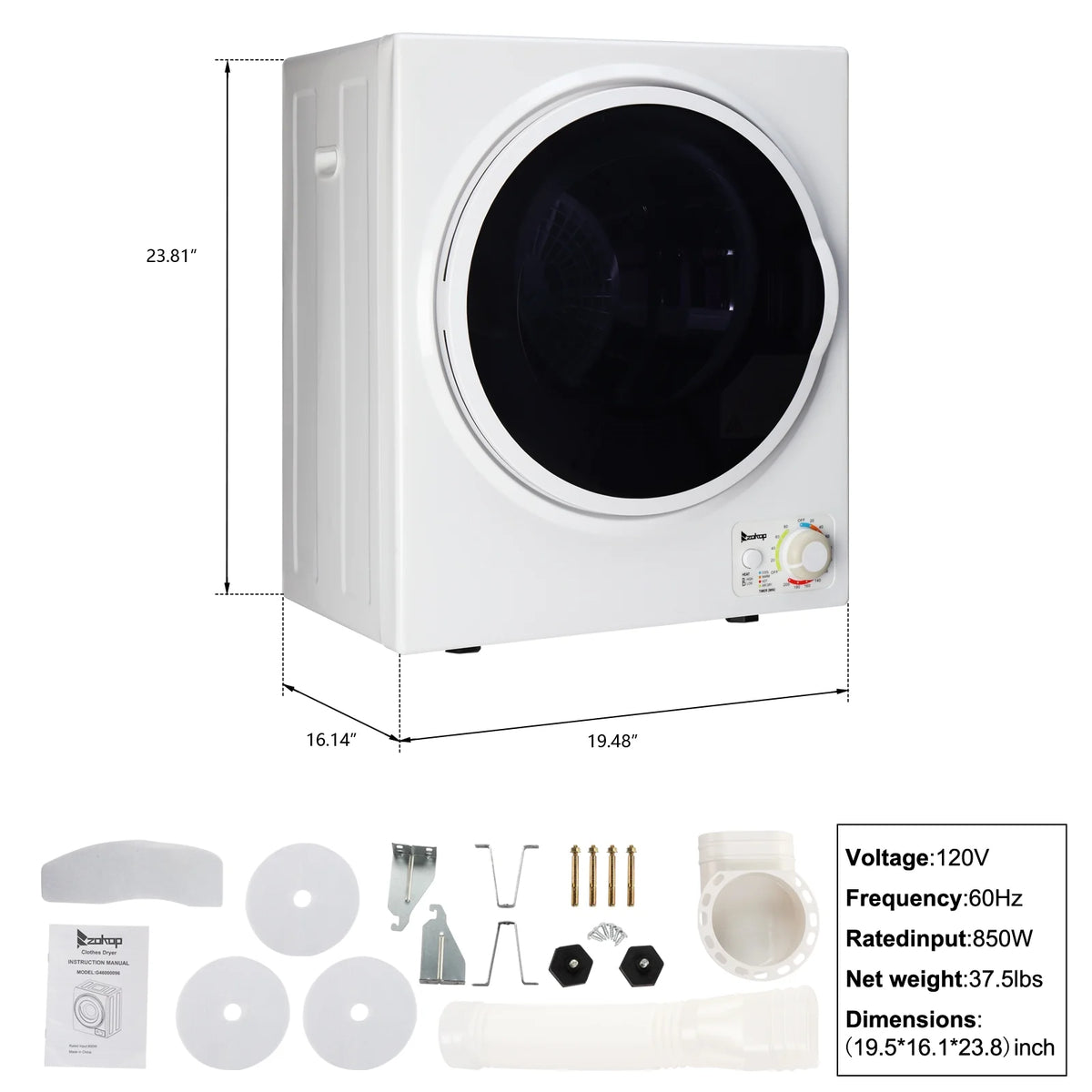 Ktaxon 1.6 cu. ft. Electric Tumble Compact Cloth Dryer Stainless Steel Wall Mounted, White