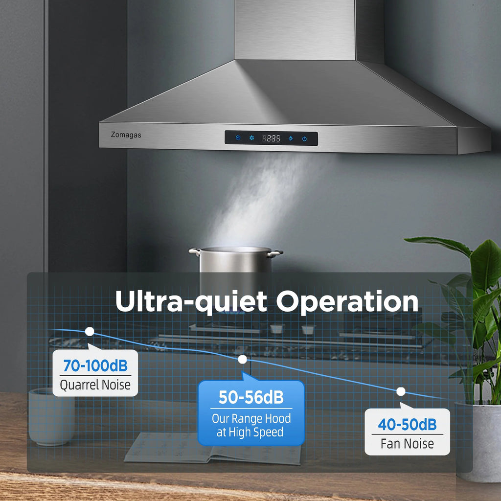 "Joeaonz 30"" Wall Mount Range Hood 450CFM Stainless Steel Kitchen Exhaust Vent with 3-Speed Filters, LED Lights"