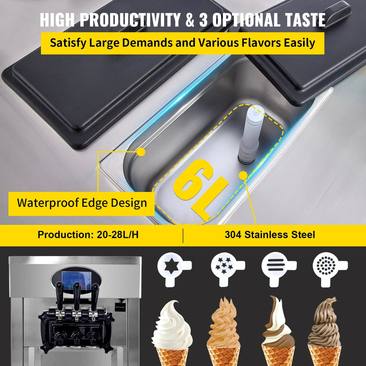SHENGJINSH Pre-cooled Commercial Ice Cream Machine, 3 Flavors Countertop Soft Serve Ice Cream Maker
