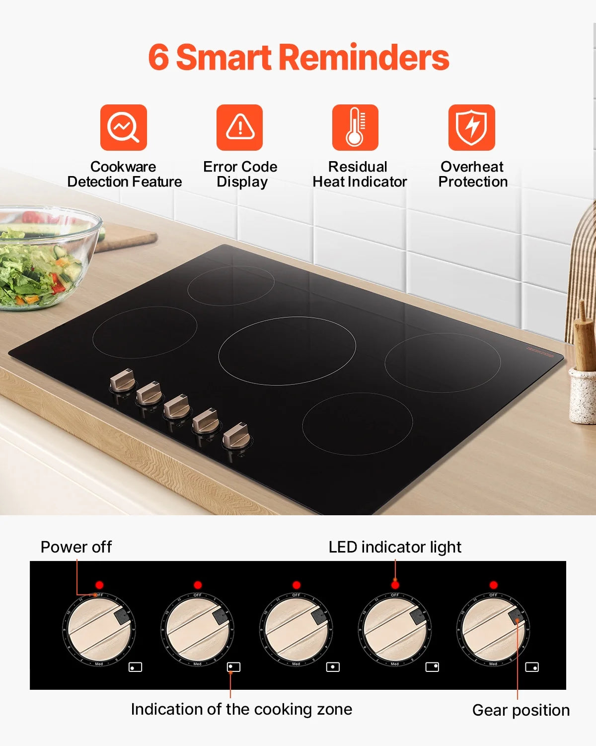 KFFKFF 5 Burner Electric Cooktop, 9200W 36" Ceramic Glass Stove Top Burner, Built In or Countertop, with Control Knobs, 12 Heat Levels, Glass Top, Automatic Power-Off for Indoor Outdoor Cooking
