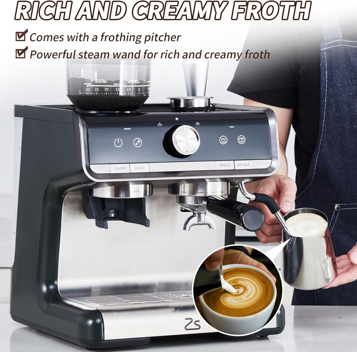COZONY Espresso Machine 15 Bar, 2.5 L Water Tank, Semi Automatic Coffee Maker with Grinder, Milk Frother/Steam Wand, Italian Pump, All-in-One Espresso Machine, Stainless Steel, Silver