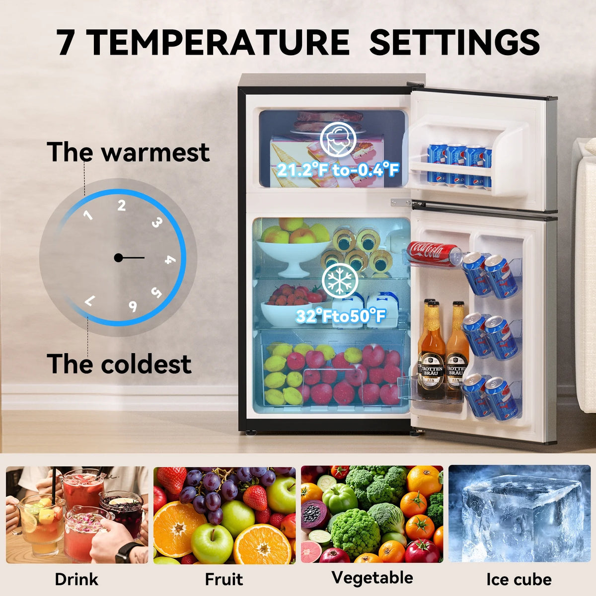 Frestec 3.2 Cu ft Two Door Mini Fridge with Freezer, Stainless Steel, E-Star