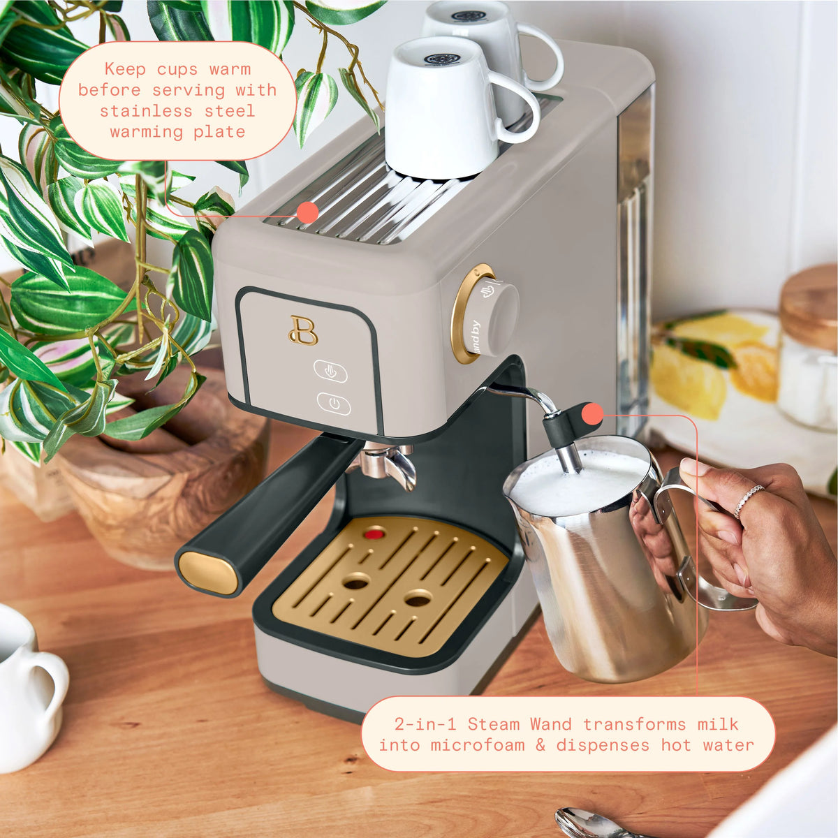 Beautiful Slim Espresso Machine with 20-Bar Pressure, Black Sesame by Drew Barrymore