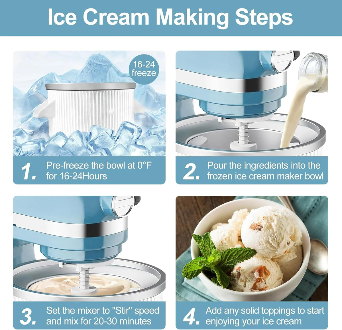 Ice Cream Maker Attachment for Kitchen Aid Stand Mixer, 2 Quart, Ice Cream & Sorbet Maker Machine, Fits and Larger Stand Mixers, with 2 Ice Cream Holder
