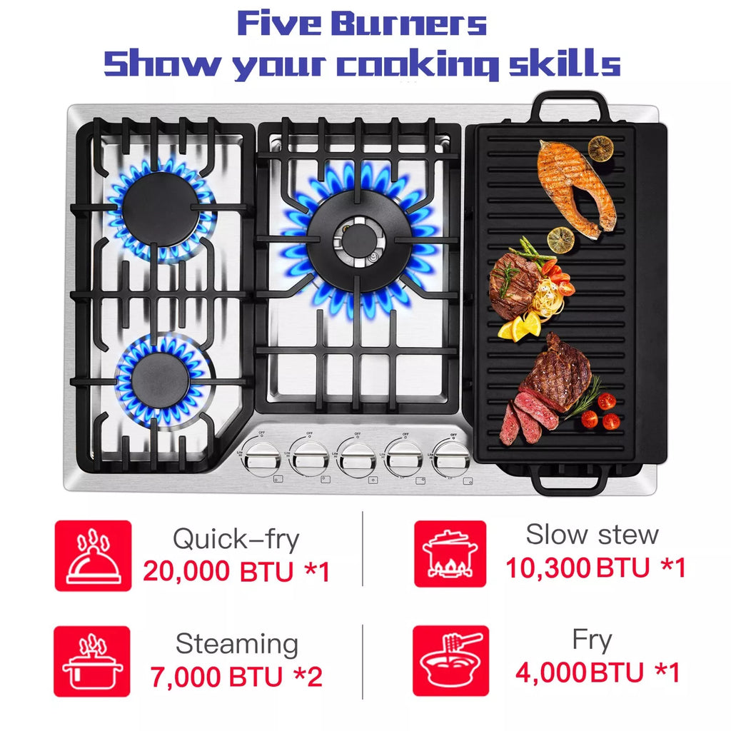 30 Inch Bulit-In Gas Cooktop with Griddle, 5 Italy SABAF Powerful Burners Over 92% High Efficiency, Max 48300BTU Gas Stove Top, 304 Stainless Steel Panel, NG/LPG Convertible, CSA Certified