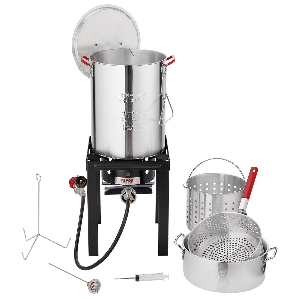 5-Piece Outdoor Turkey and Seafood Cooking Set: High-Power Fryer/Steamer with 54K BTU Burner, Baskets, Rack, and Thermometer