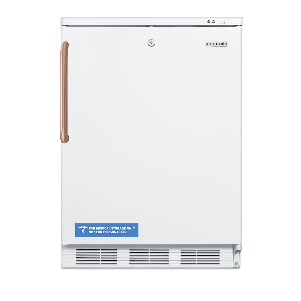ADA compliant freestanding all-freezer capable of -25 C operation, with lock and copper handle