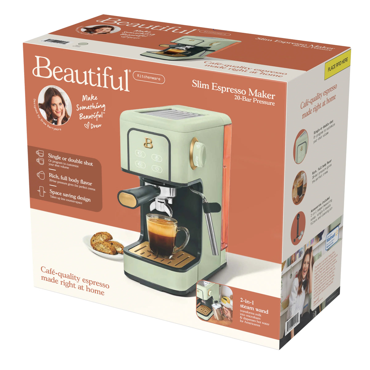 Beautiful Slim Espresso Machine with 20-Bar Pressure, Black Sesame by Drew Barrymore