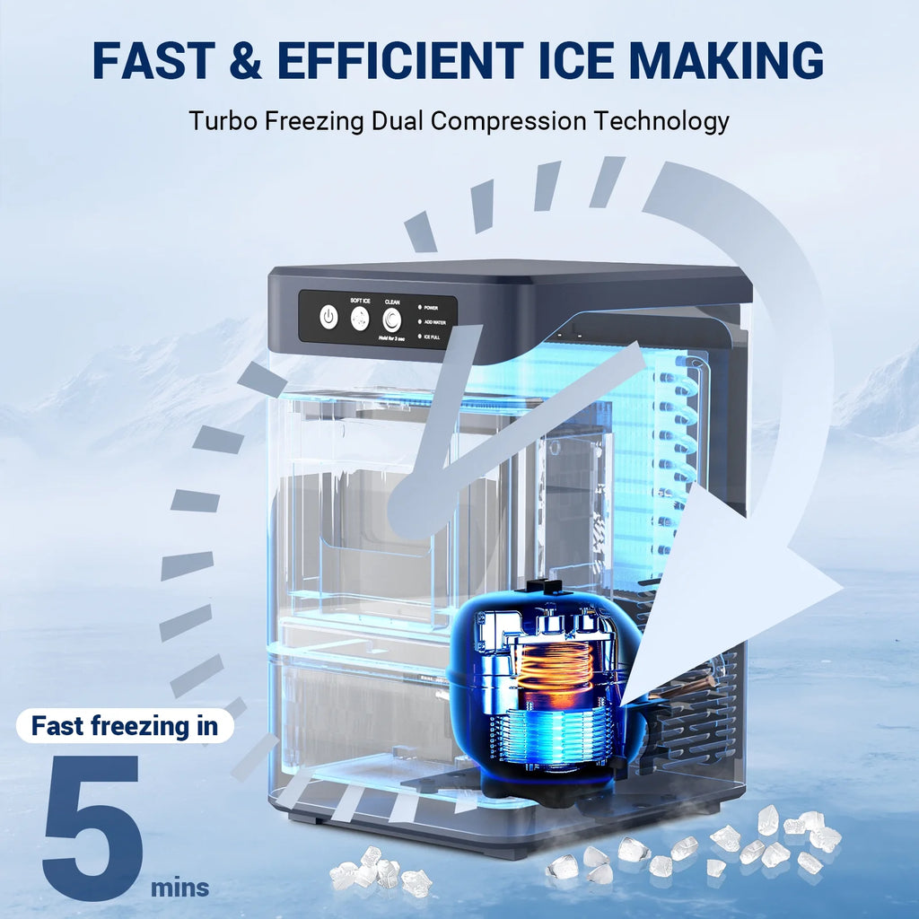 Ecojoy Stainless Steels Portable Countertop Nugget Ice Maker Machine, 44Lbs/24H with 0.8 Gallon Tank,Soft Chewable Pellet Ice Ready in 5-10min, Self-Cleaning